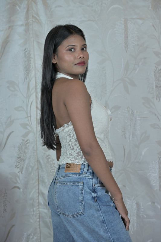 White Lace Halter Top with Front Tie