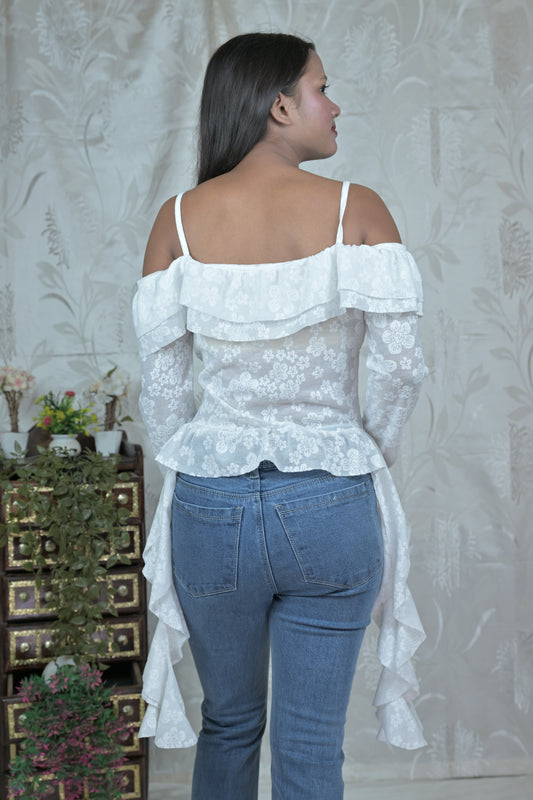 White Floral Sheer Ruffle Off-Shoulder Top