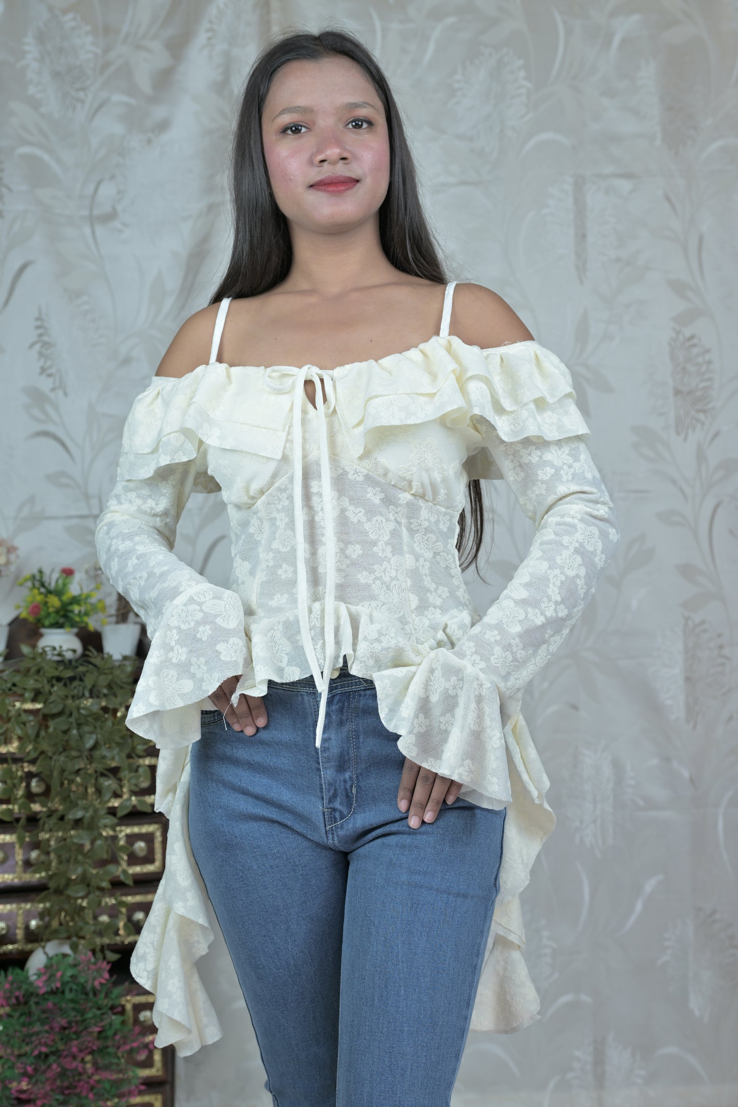 White Floral Sheer Ruffle Off-Shoulder Top