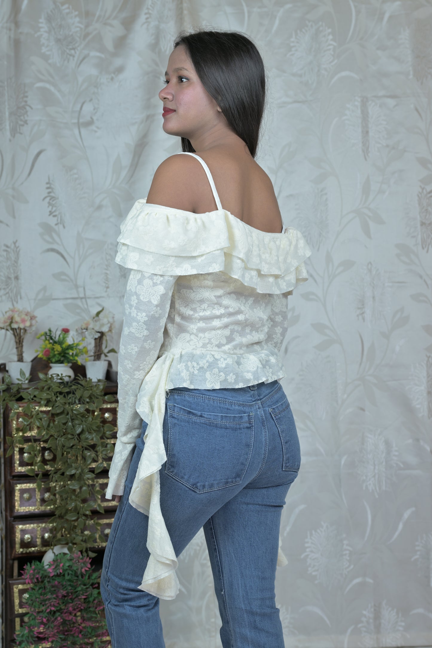 White Floral Sheer Ruffle Off-Shoulder Top