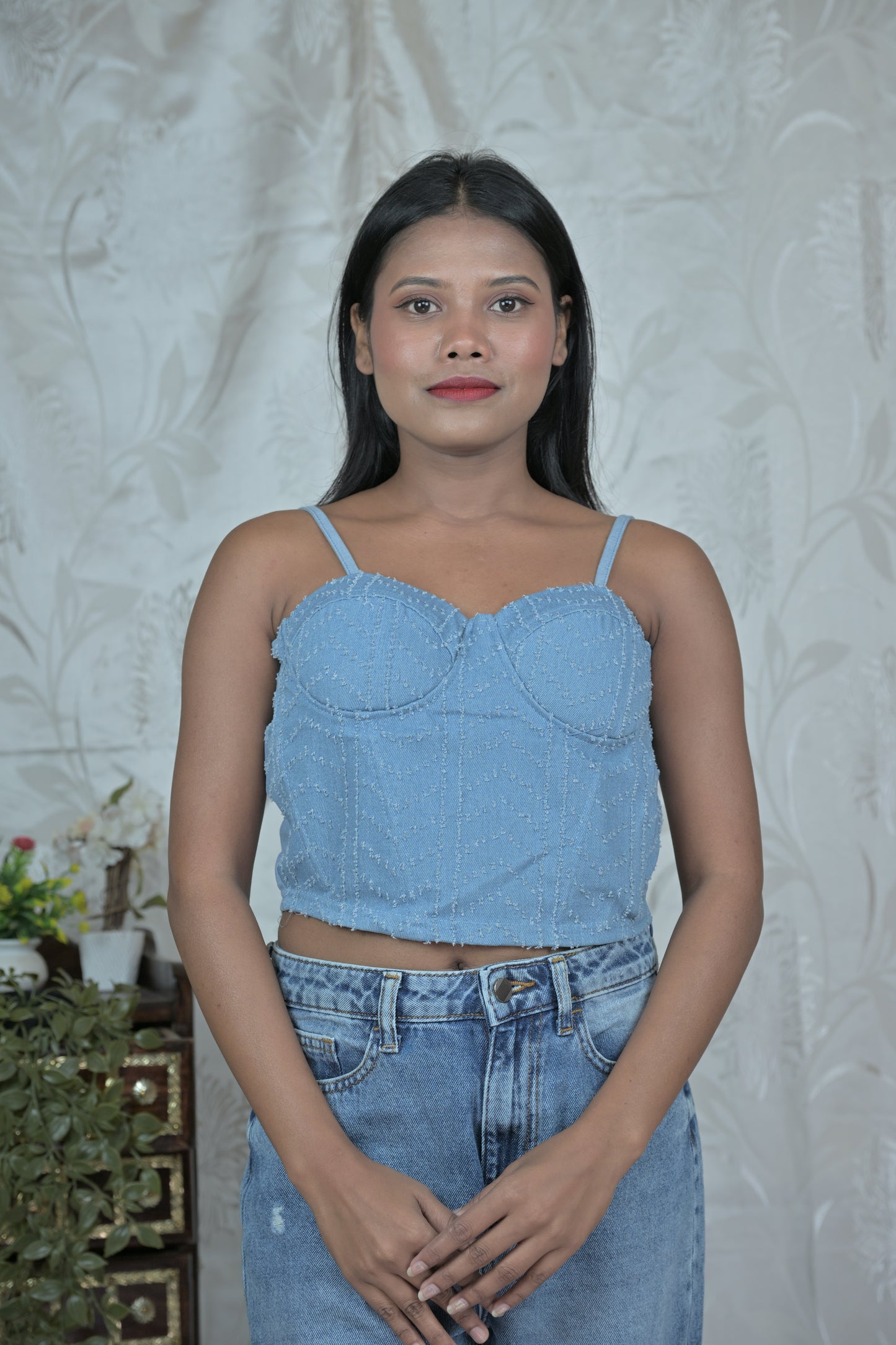 Blue Denim Corset-Style Crop Top