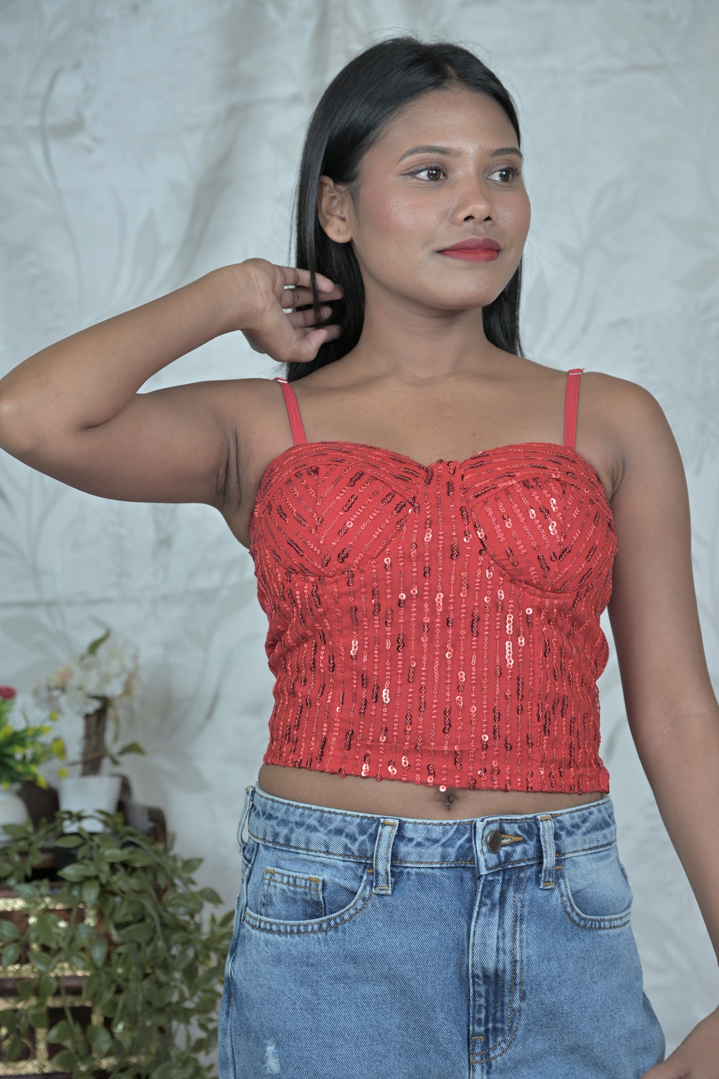 Women Sequinned Sleeveless Bustier Crop Top
