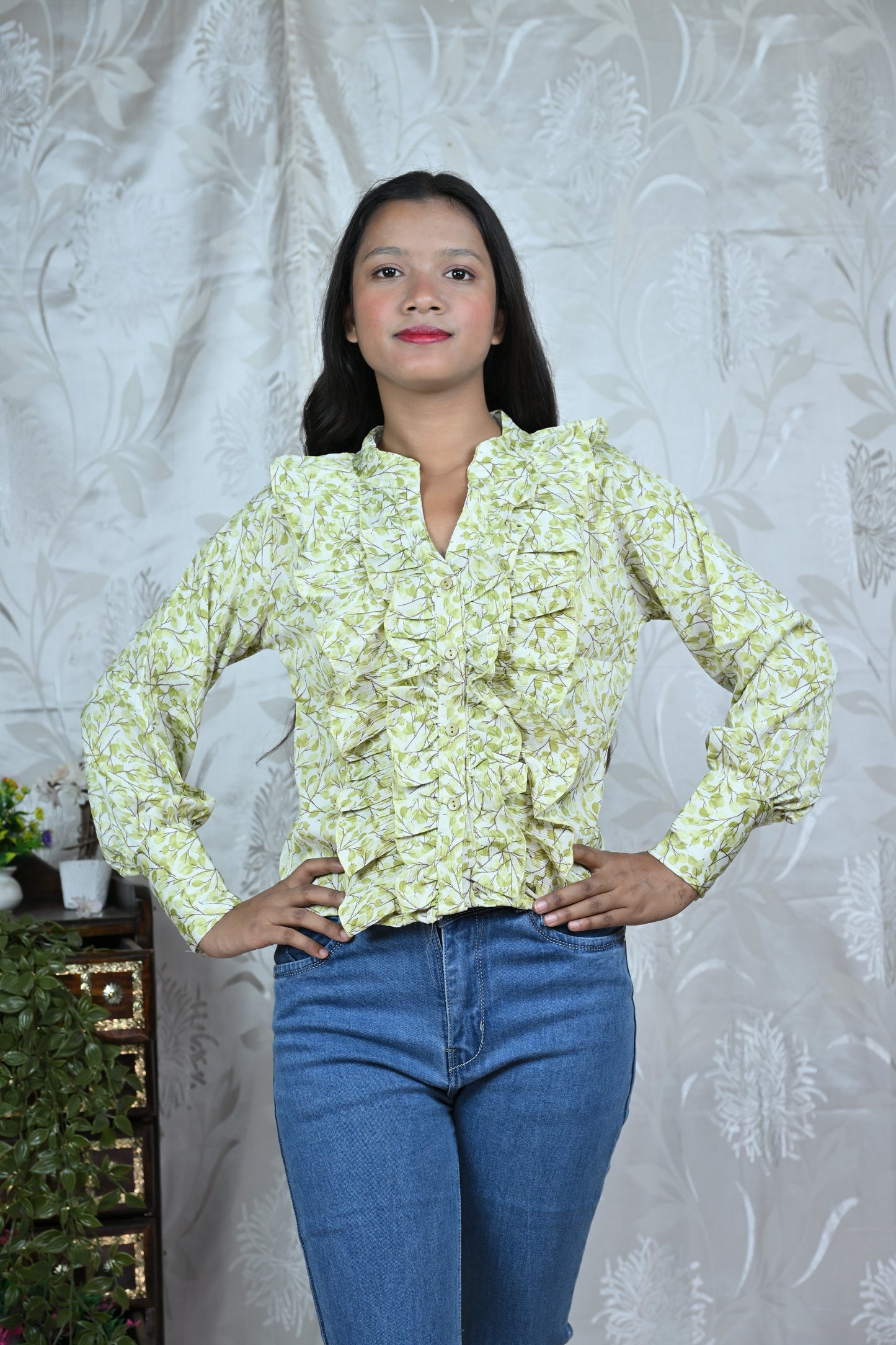 Floral Ruffle Front Shirt
