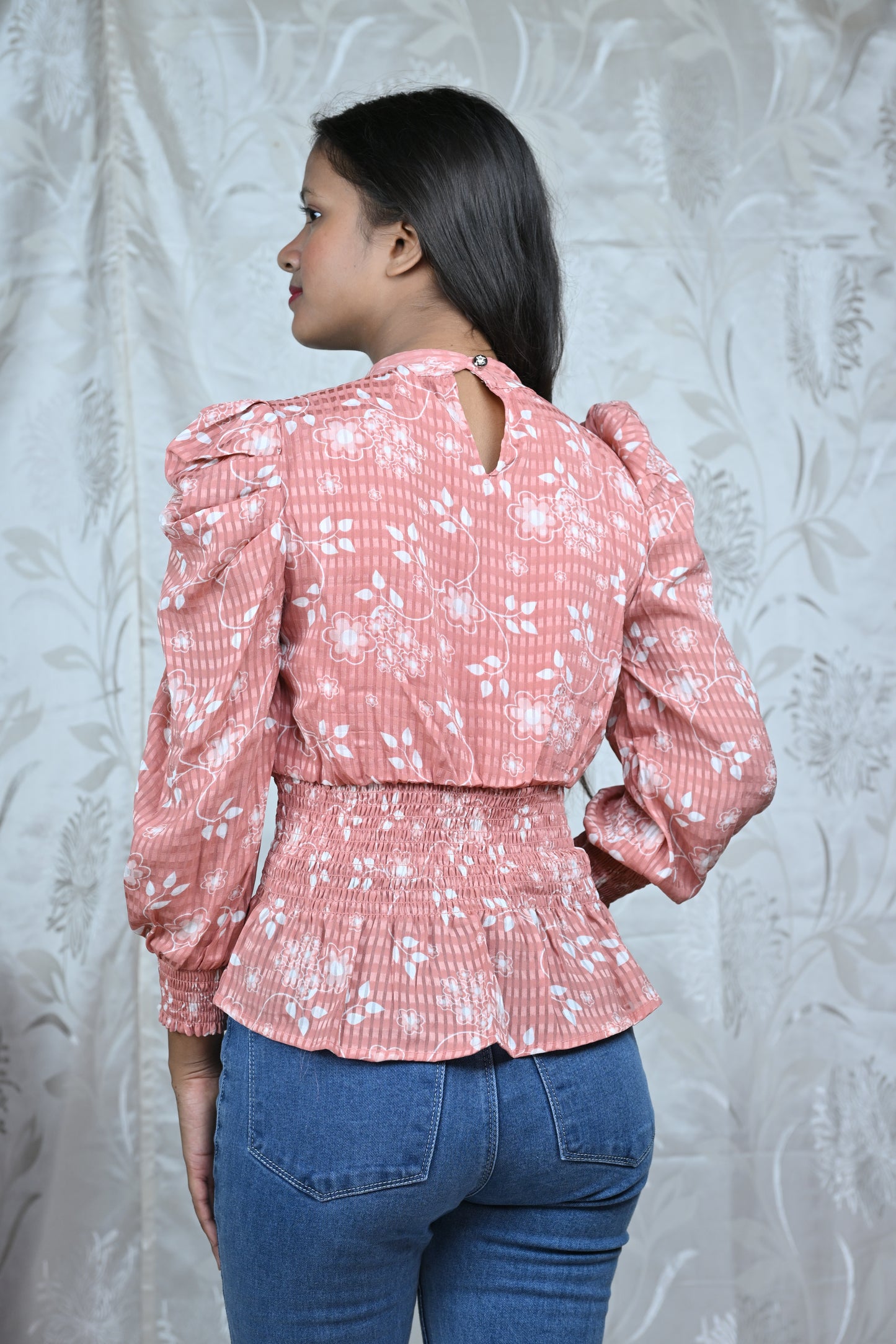 Floral Print Smocked Waist Puff Sleeve Top