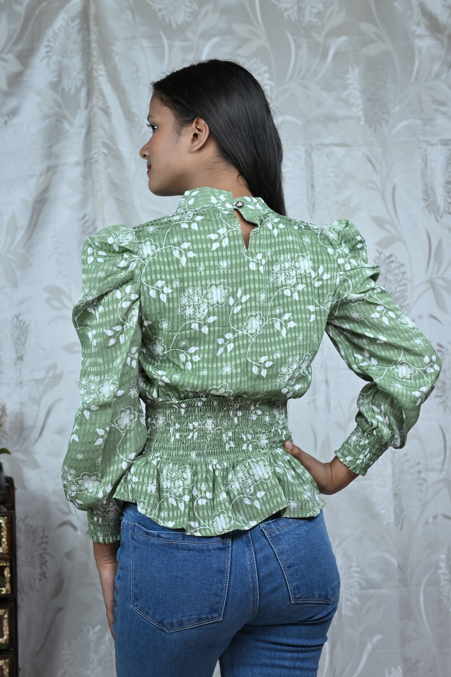 Floral Print Smocked Waist Puff Sleeve Top