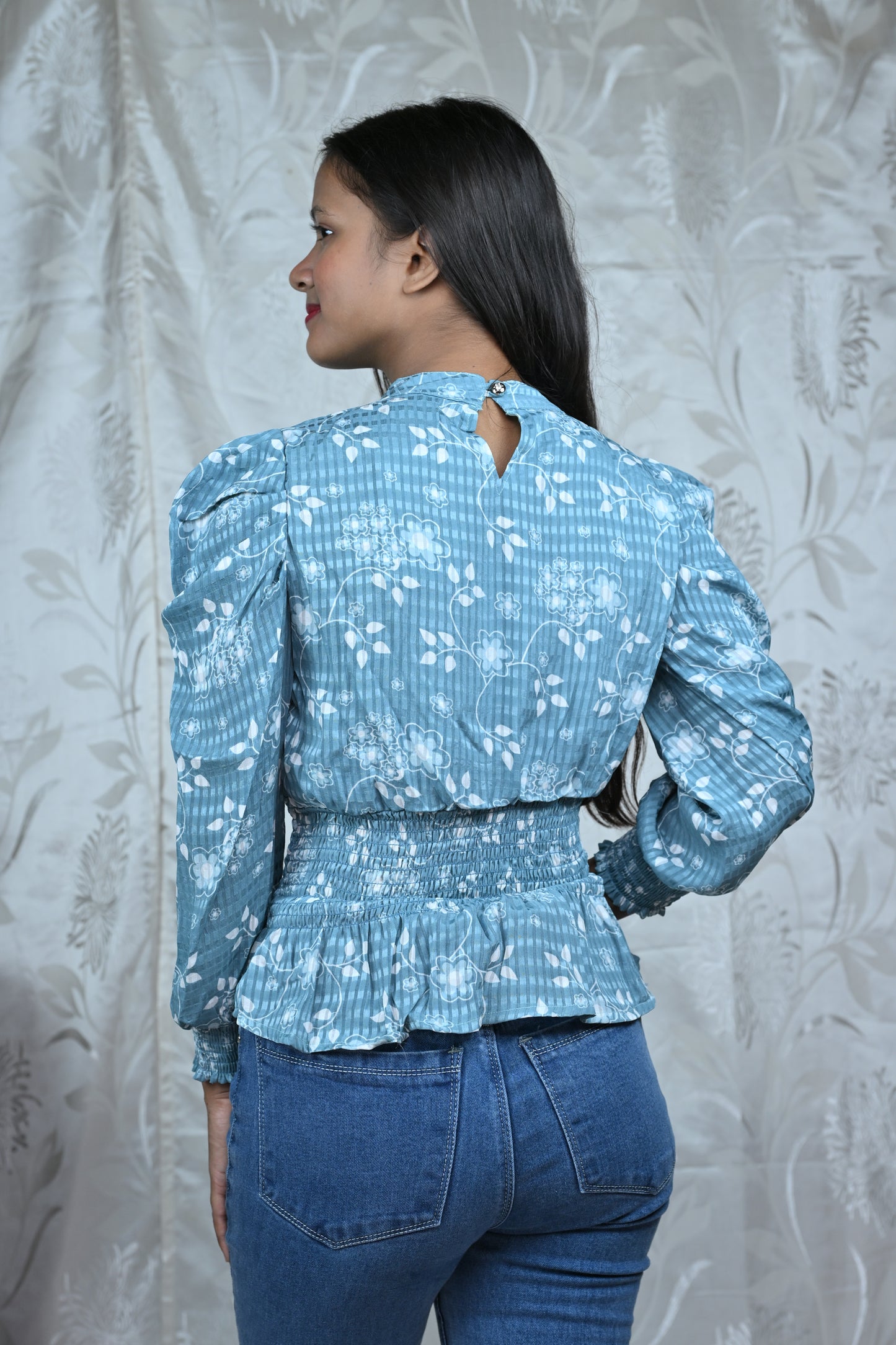 Floral Print Smocked Waist Puff Sleeve Top
