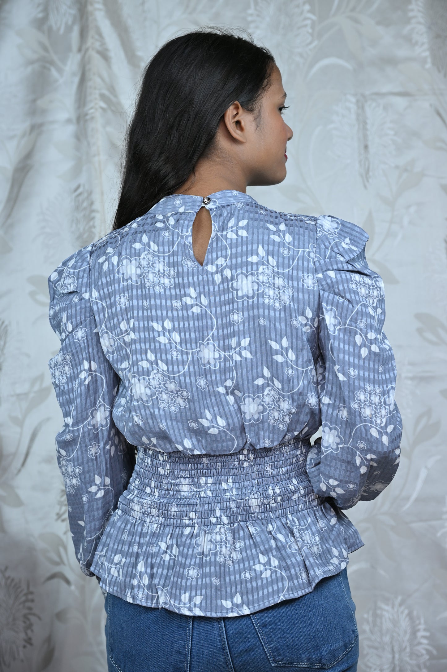 Floral Print Smocked Waist Puff Sleeve Top