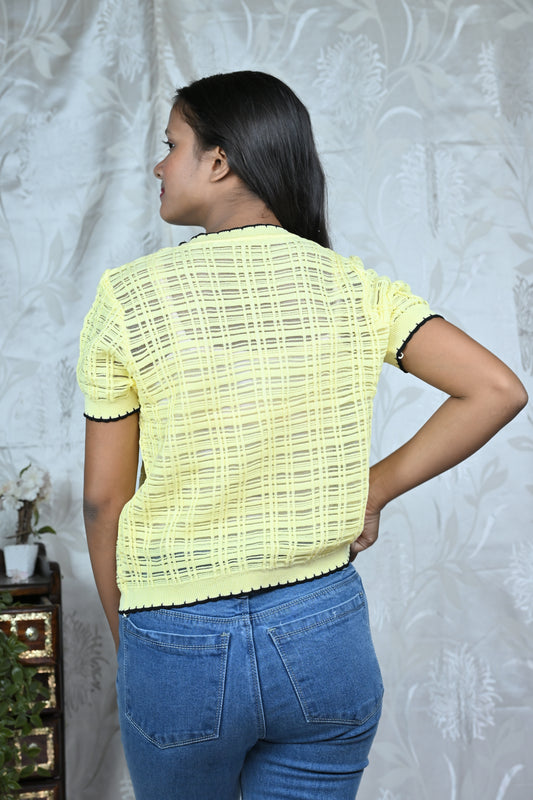 Yellow Textured Knit Sheer Top with Contrast Edges