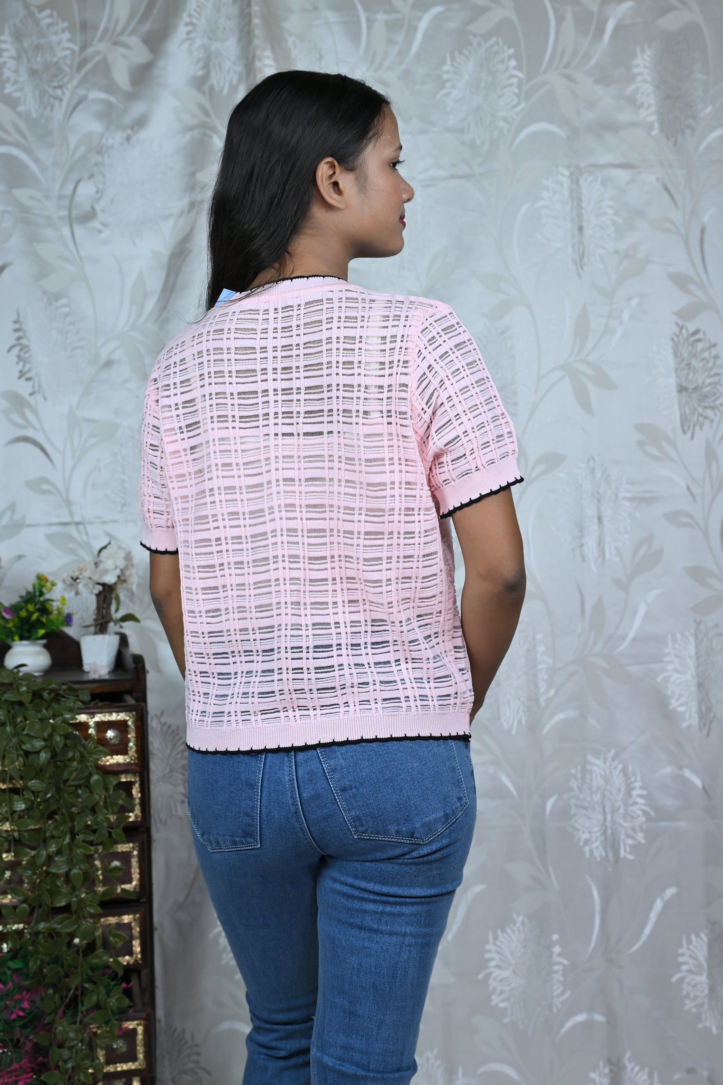 Yellow Textured Knit Sheer Top with Contrast Edges