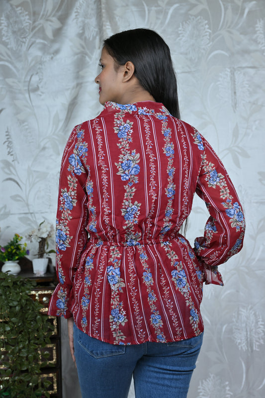 Women Floral Printed Tie-Up Peplum Top