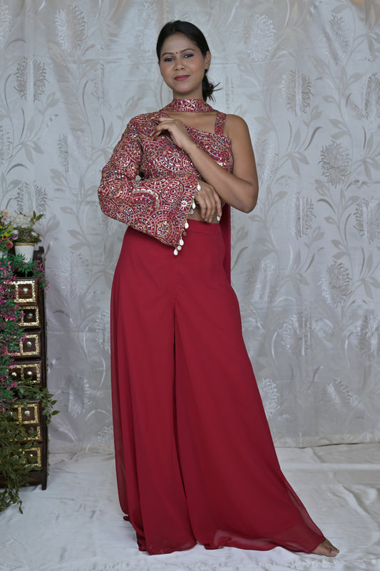 One-Sleeve Red Palazzo Set