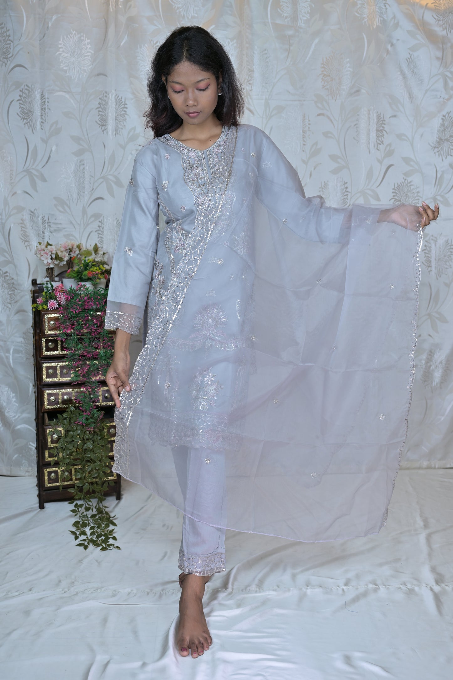 Sheer Elegance Embroidered Organza Suit