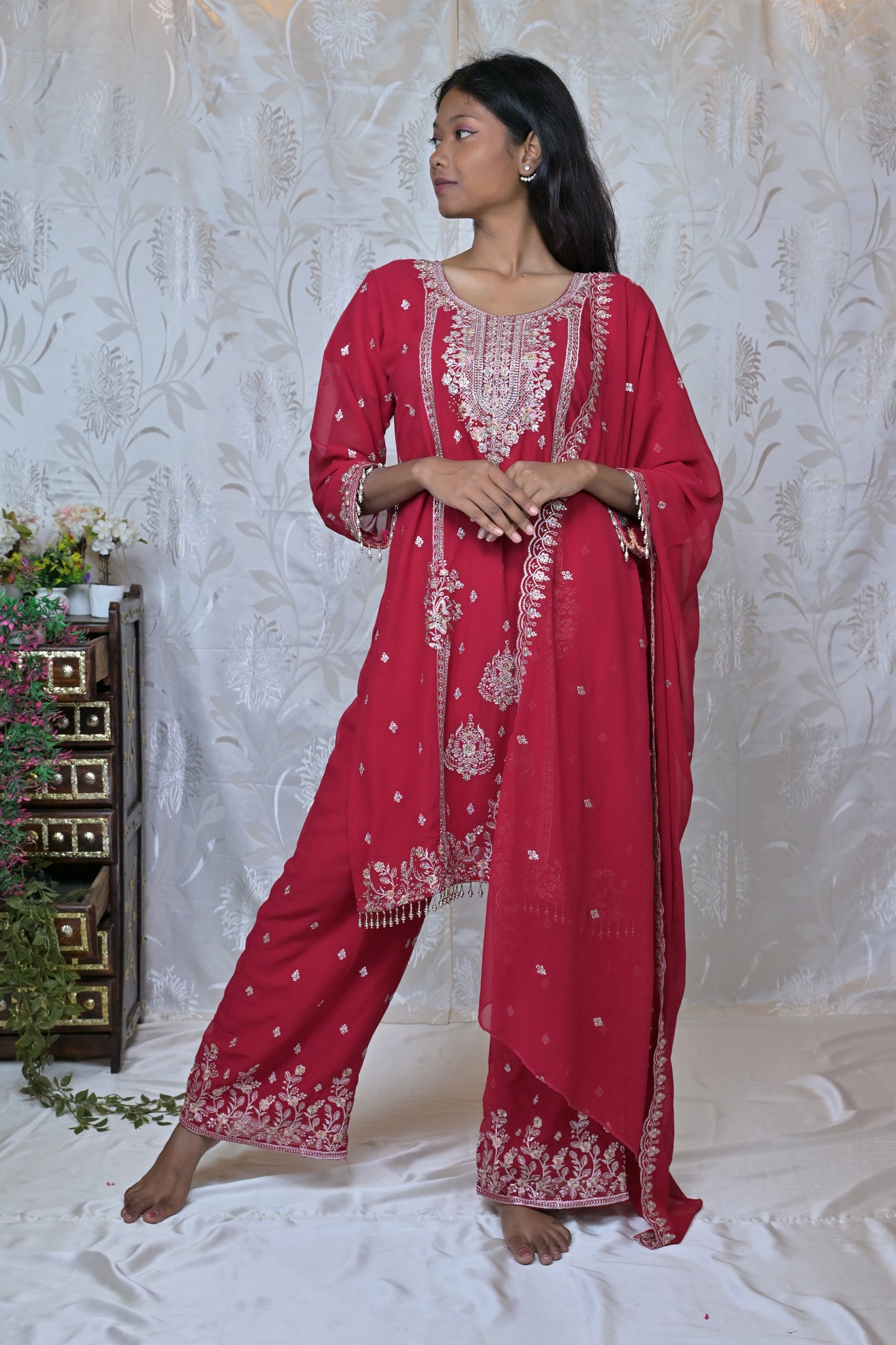 Exquisite Embroidered Georgette Party Wear Suit Set with Palazzos & Dupatta