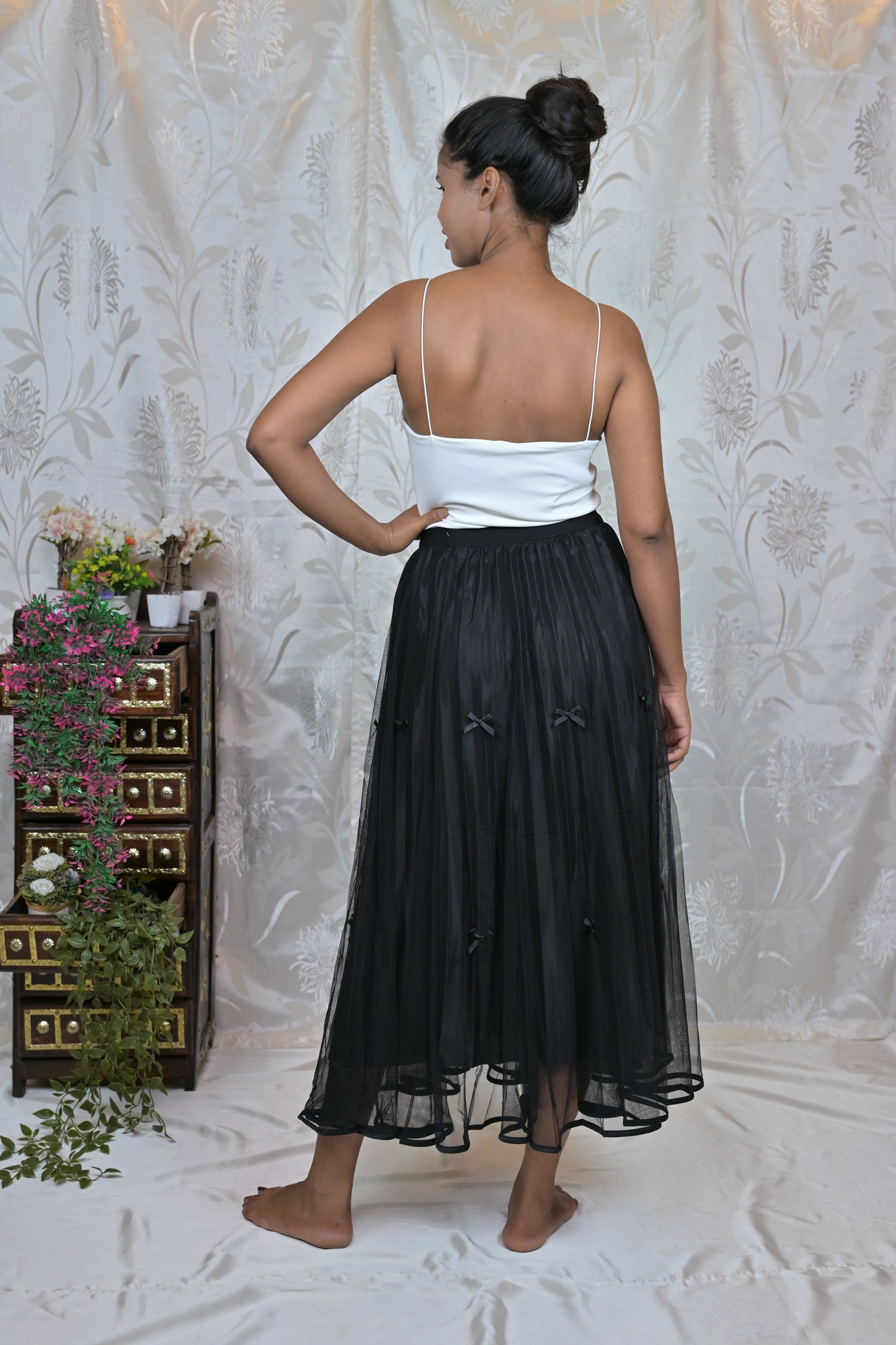 Women's Mesh Pleated A-Line Midi Skirt with Bow Details
