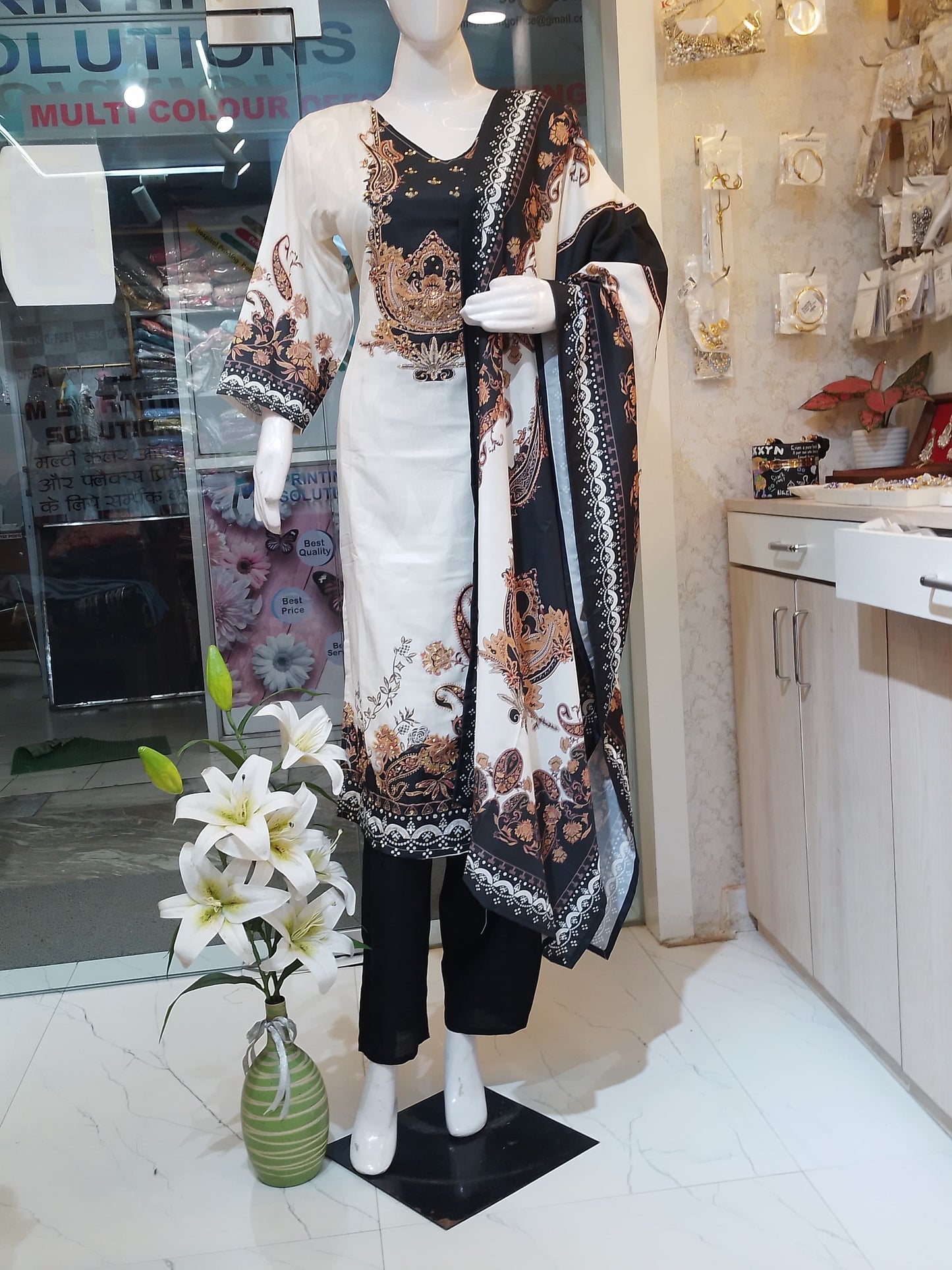 White & Black Printed Muslin Suit Set