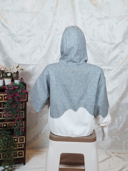 Women Grey & White Panelled Crop Hoodie
