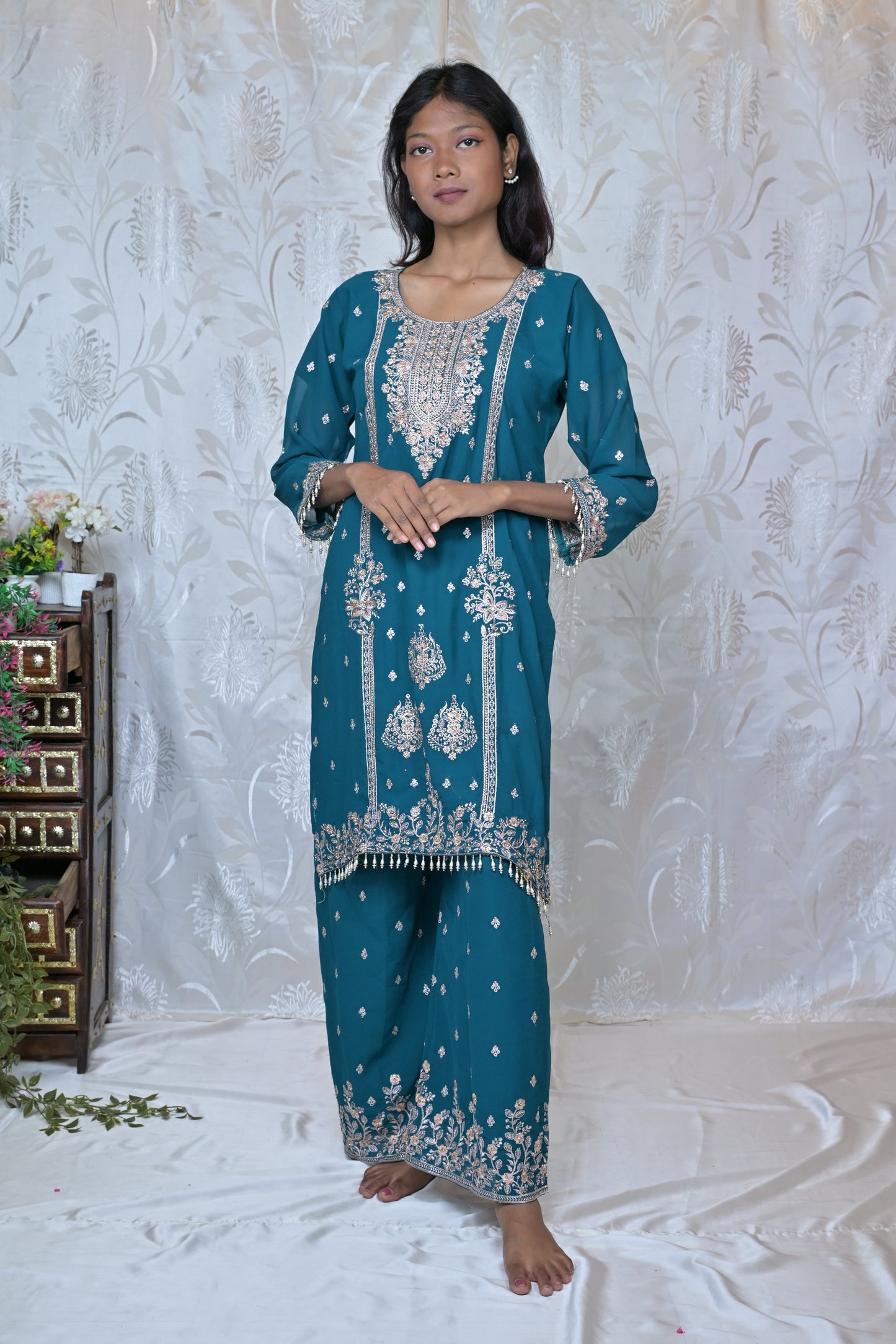 Exquisite Embroidered Georgette Party Wear Suit Set with Palazzos & Dupatta