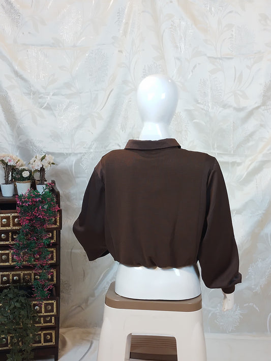 Women Brown Solid Cowl Neck Full Sleeve Crop Top