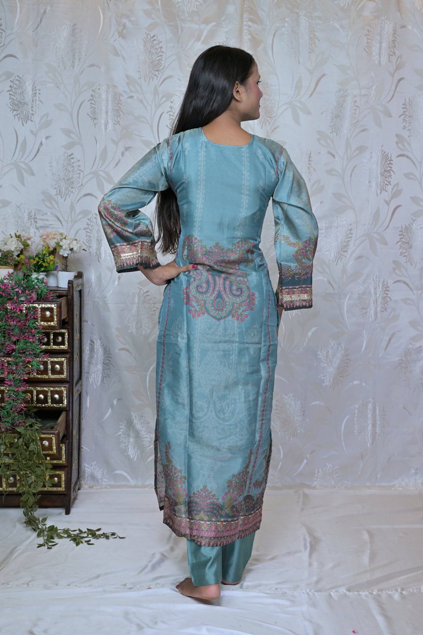 Embroidered Chanderi Kurta Set with Printed Dupatta