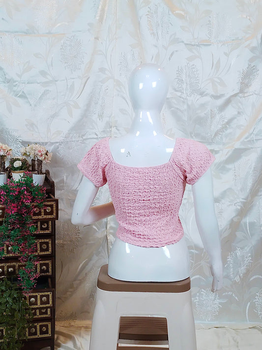 Pink & White Textured Tie-Up Crop Top