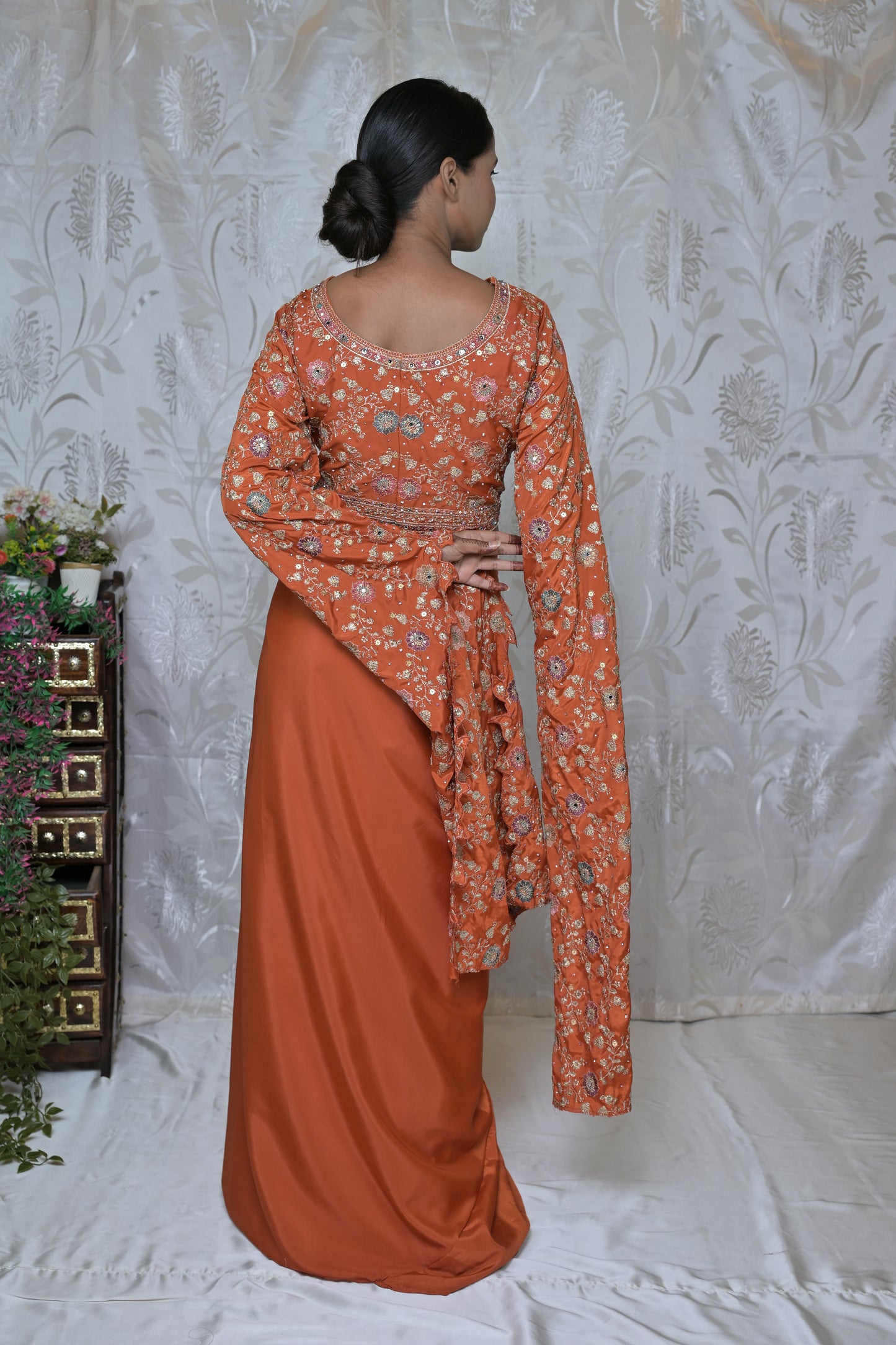 Orange Embellished Long Sleeve Blouse and Skirt Set