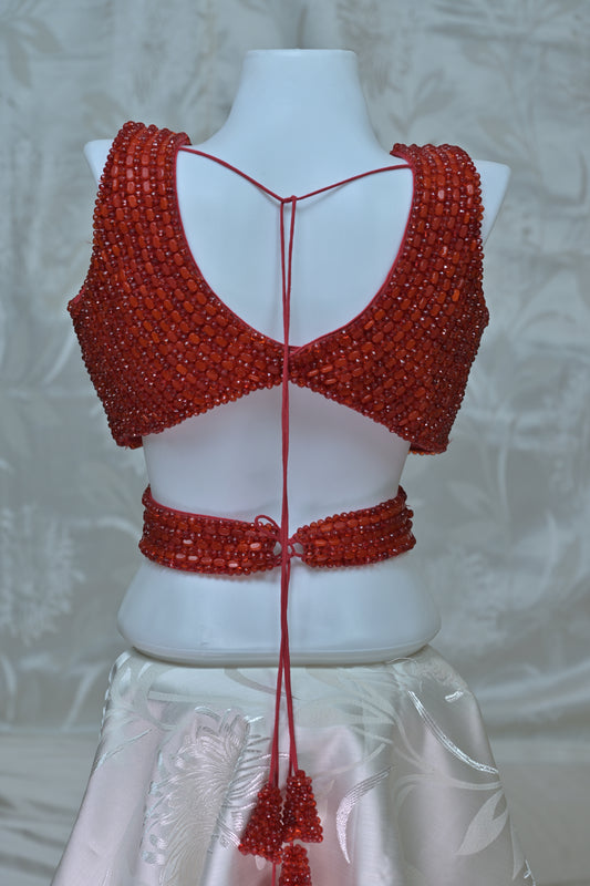 Red Crystal-Embellished Designer Blouse with Criss-Cross Detail