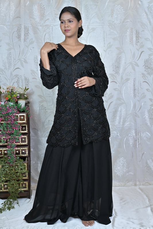 Black Beaded Indo-Western Dress with Georgette Pants