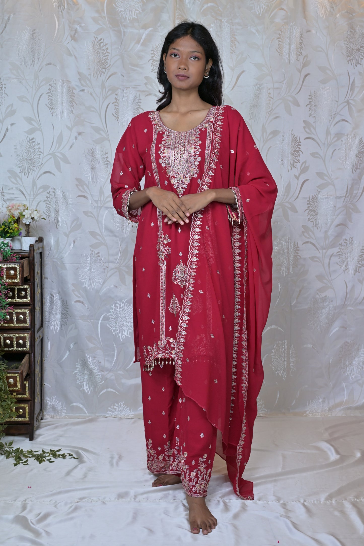 Exquisite Embroidered Georgette Party Wear Suit Set with Palazzos & Dupatta