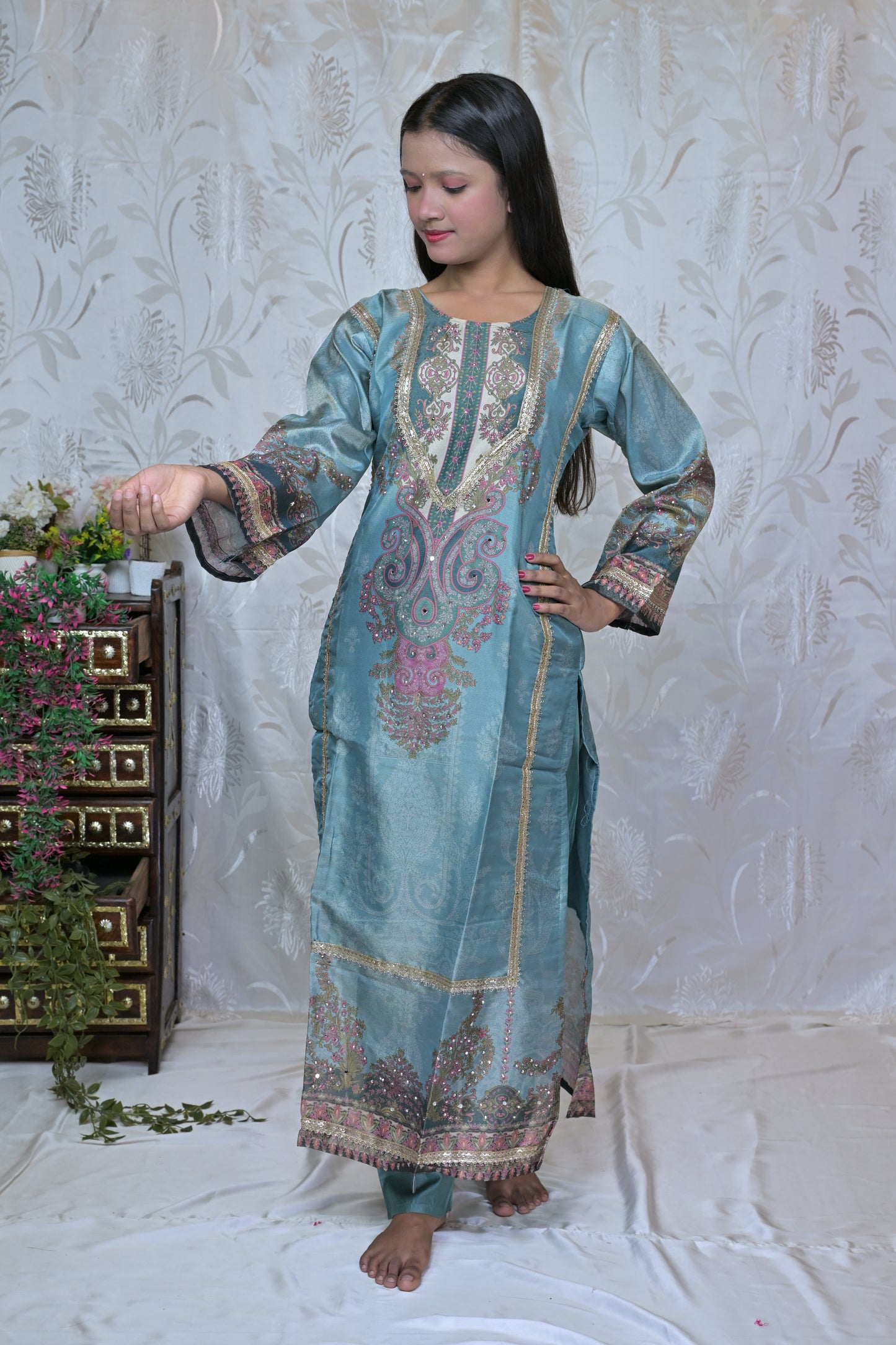 Embroidered Chanderi Kurta Set with Printed Dupatta