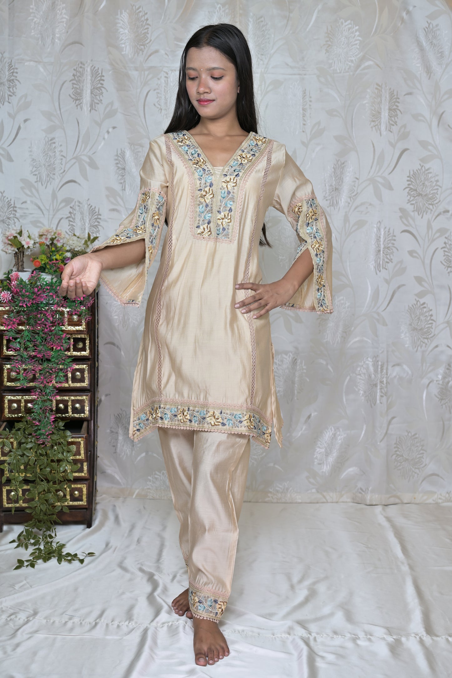 Elegant Beige Floral Suit Set with Printed Dupatta