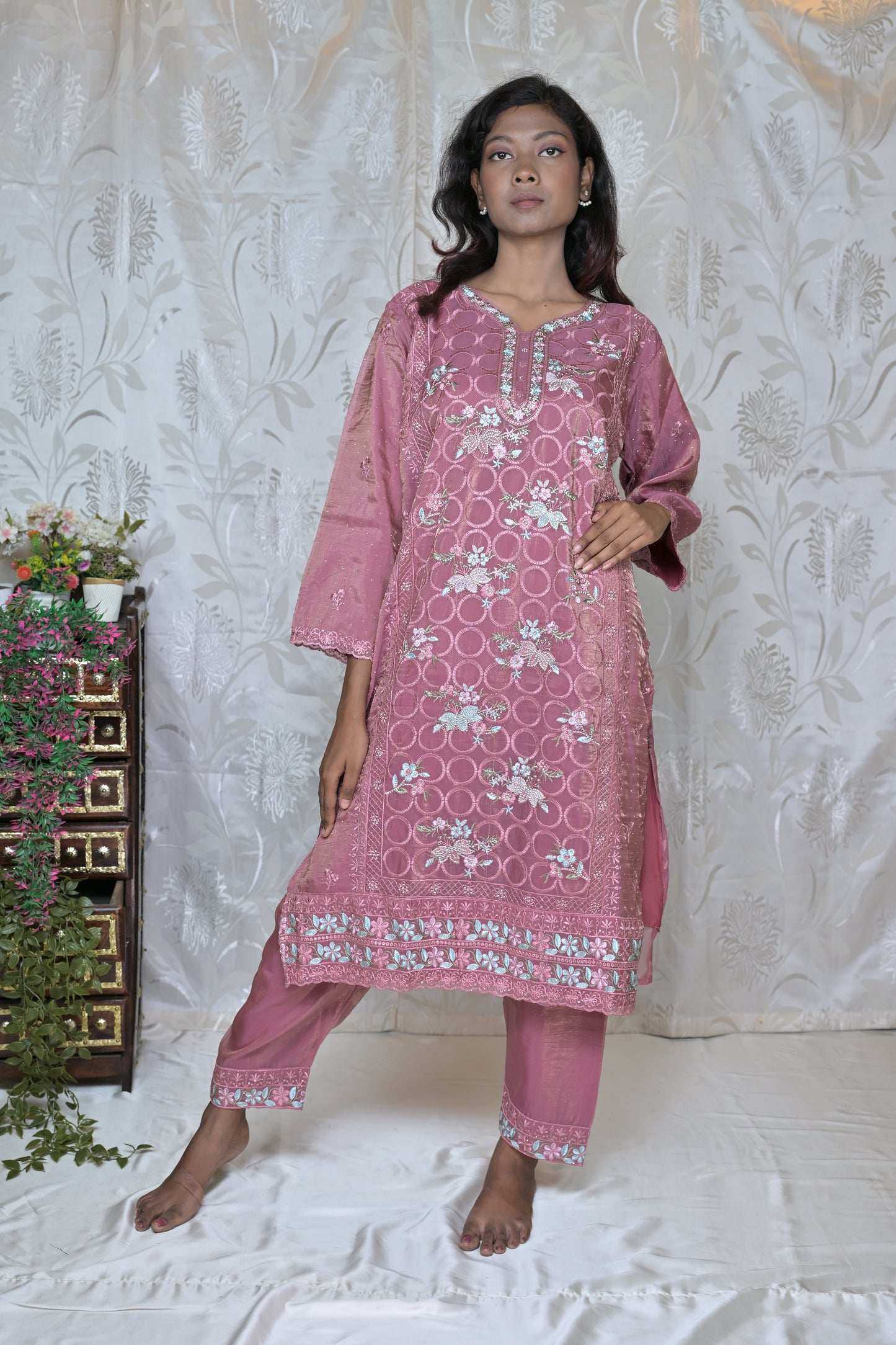 Artistic Floral Painted Kurta Set with Wrap Detail
