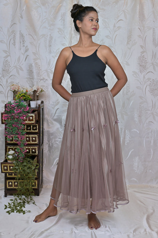 Women's Mesh Pleated A-Line Midi Skirt with Bow Details