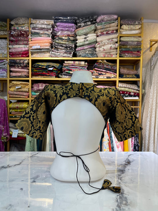 Dramatic Black & Gold Brocade Crop Blouse with Back Cut-Out and Tie-Up