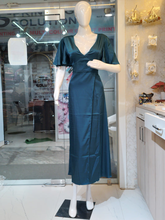 Red Satin Wrap-Style Midi Dress