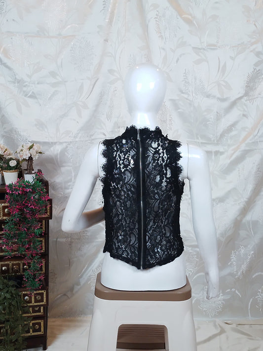 Women black Crochet-Look Graphic Print Sleeveless Top