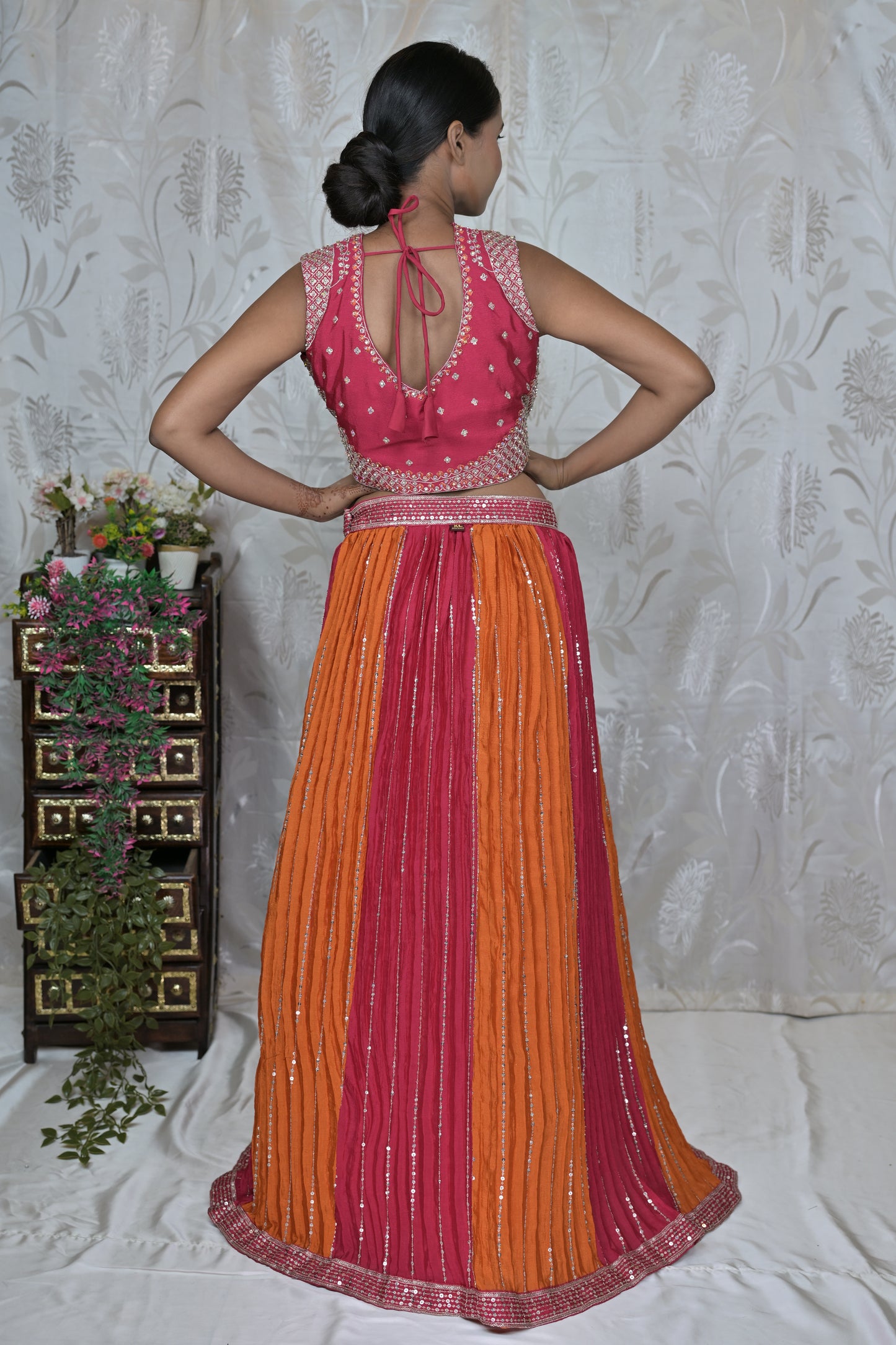 Vibrant Pink & Orange Embellished Lehenga Set