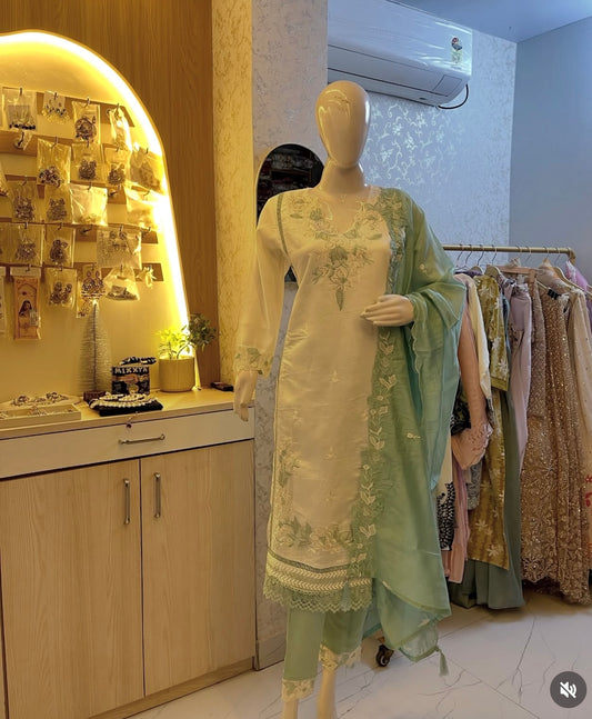 Ivory & Lemon Yellow Floral Embroidered Kurta Set with Scalloped Organza Dupatta