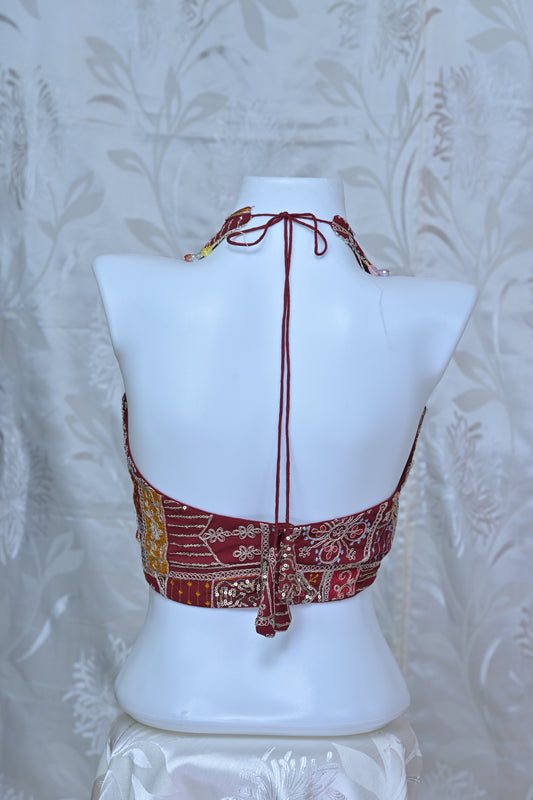 Embroidered Patchwork Halter Neck Backless Blouse
