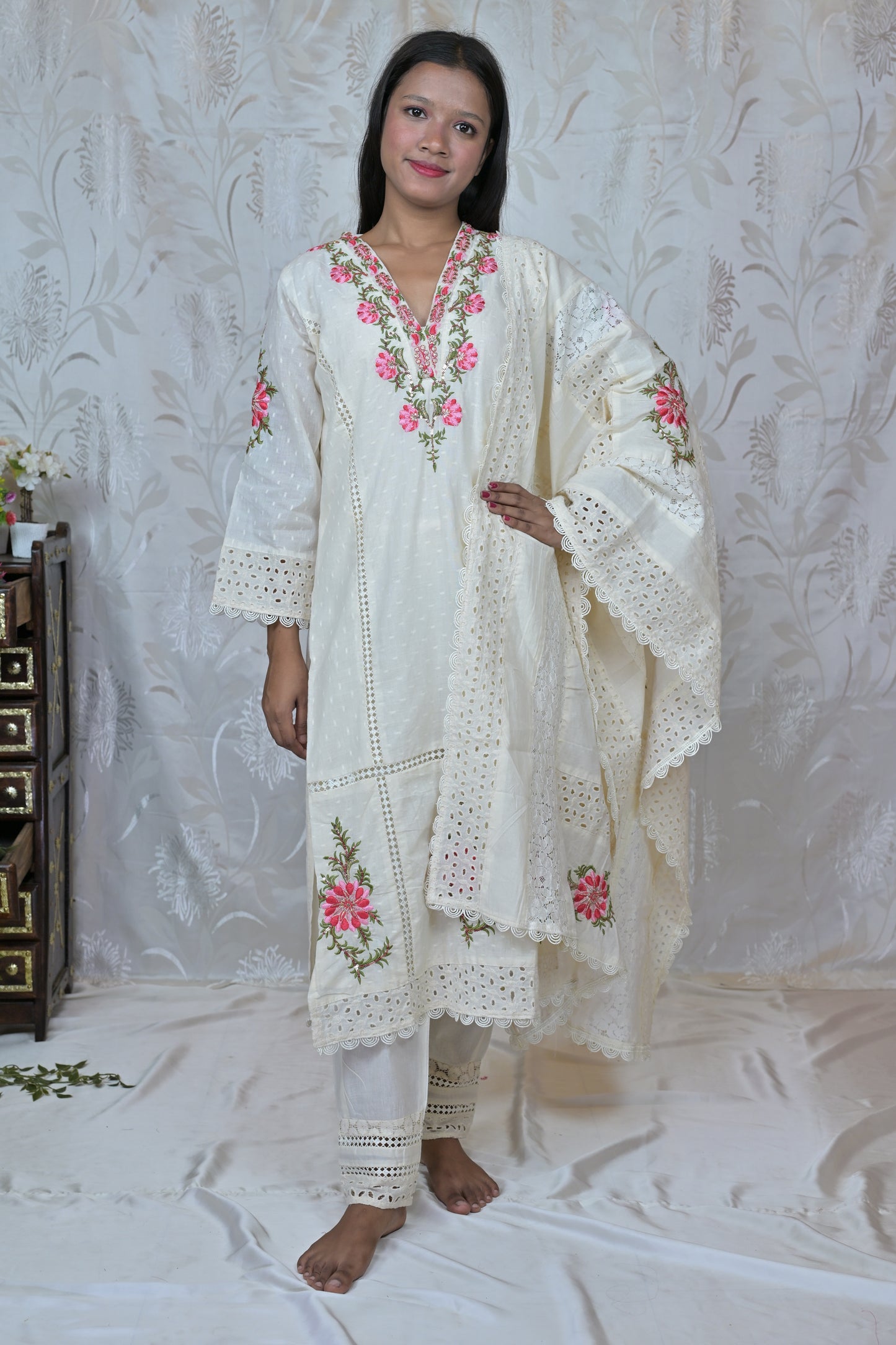 Delicate Floral & Cutwork White Suit