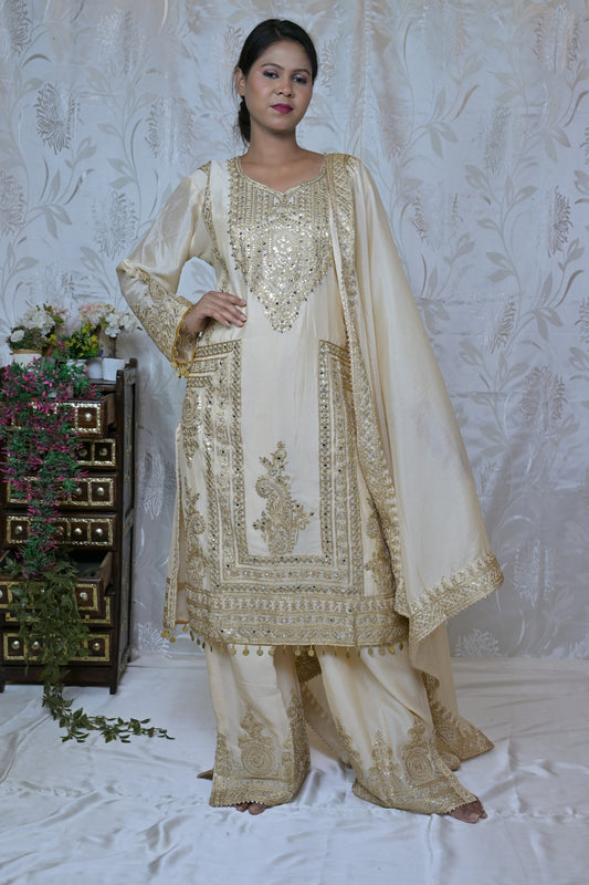 Cream & Gold Heavy Embroidered Palazzo Suit Set
