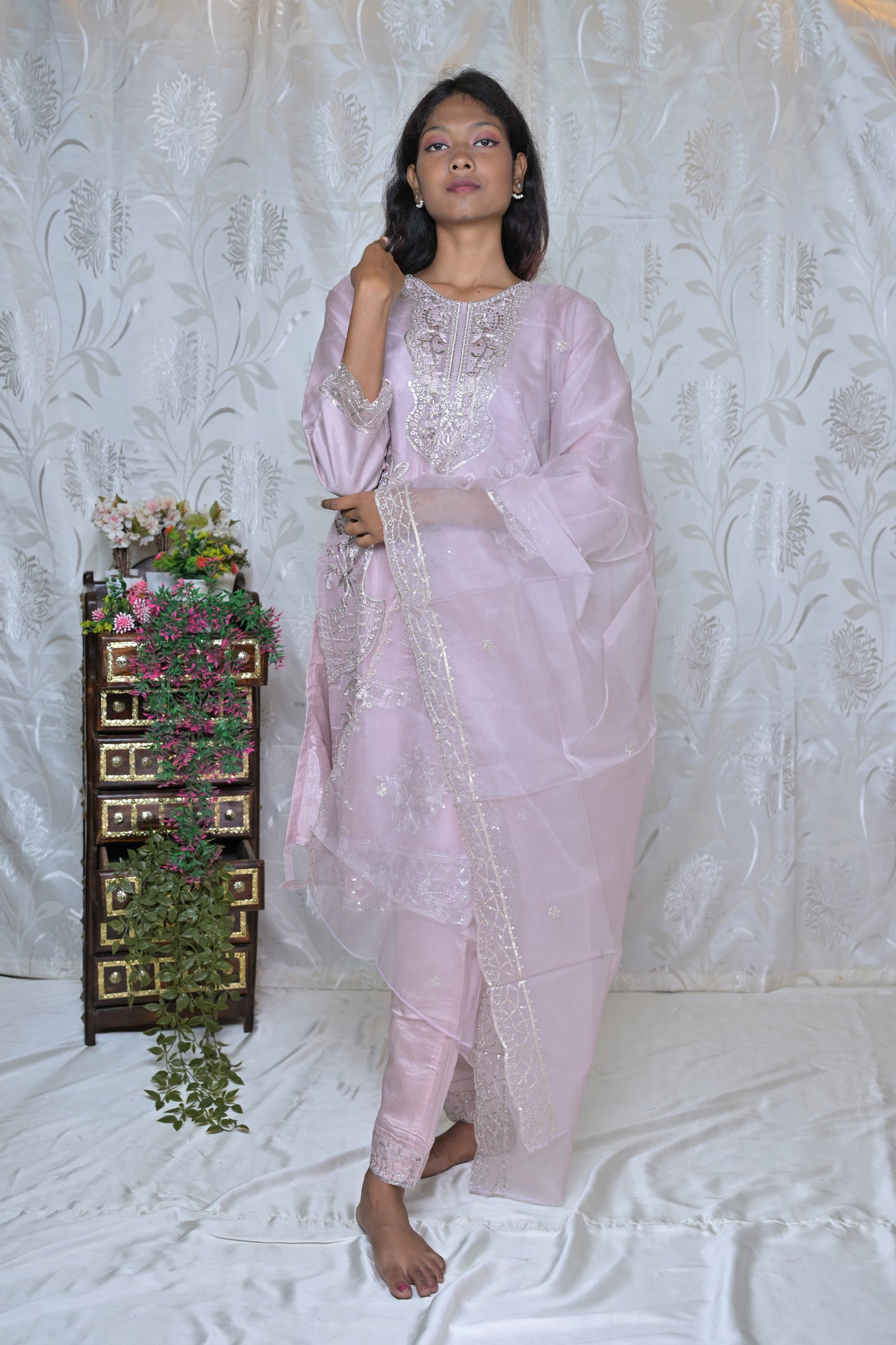 Sheer Elegance Embroidered Organza Suit