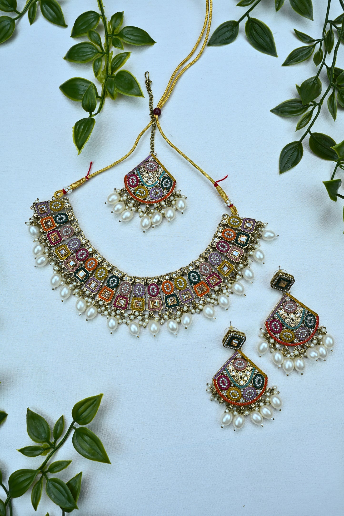 Boho Multicolor Enamel & Pearl Necklace Set with Earrings & Maang Tikka