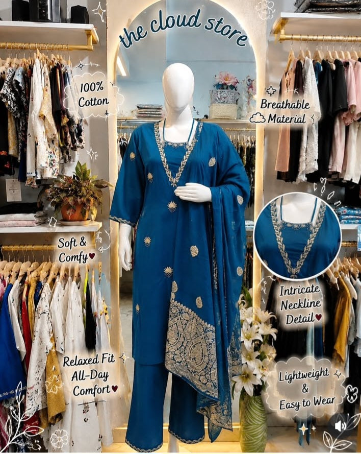Embroidered Neck Detail 3-Piece Cotton Suit Set