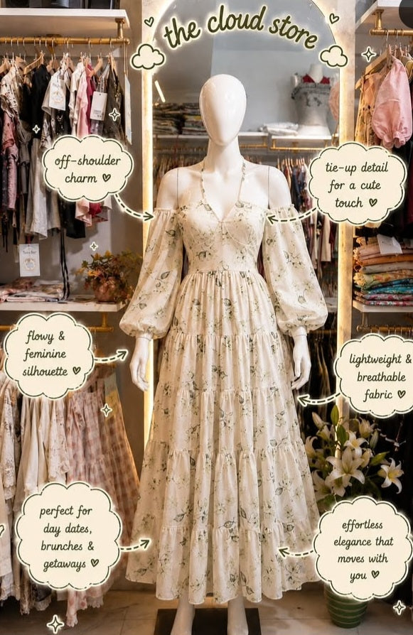 Printed Off-Shoulder Halter Neck Tiered Maxi Dress with Long Bishop Sleeves