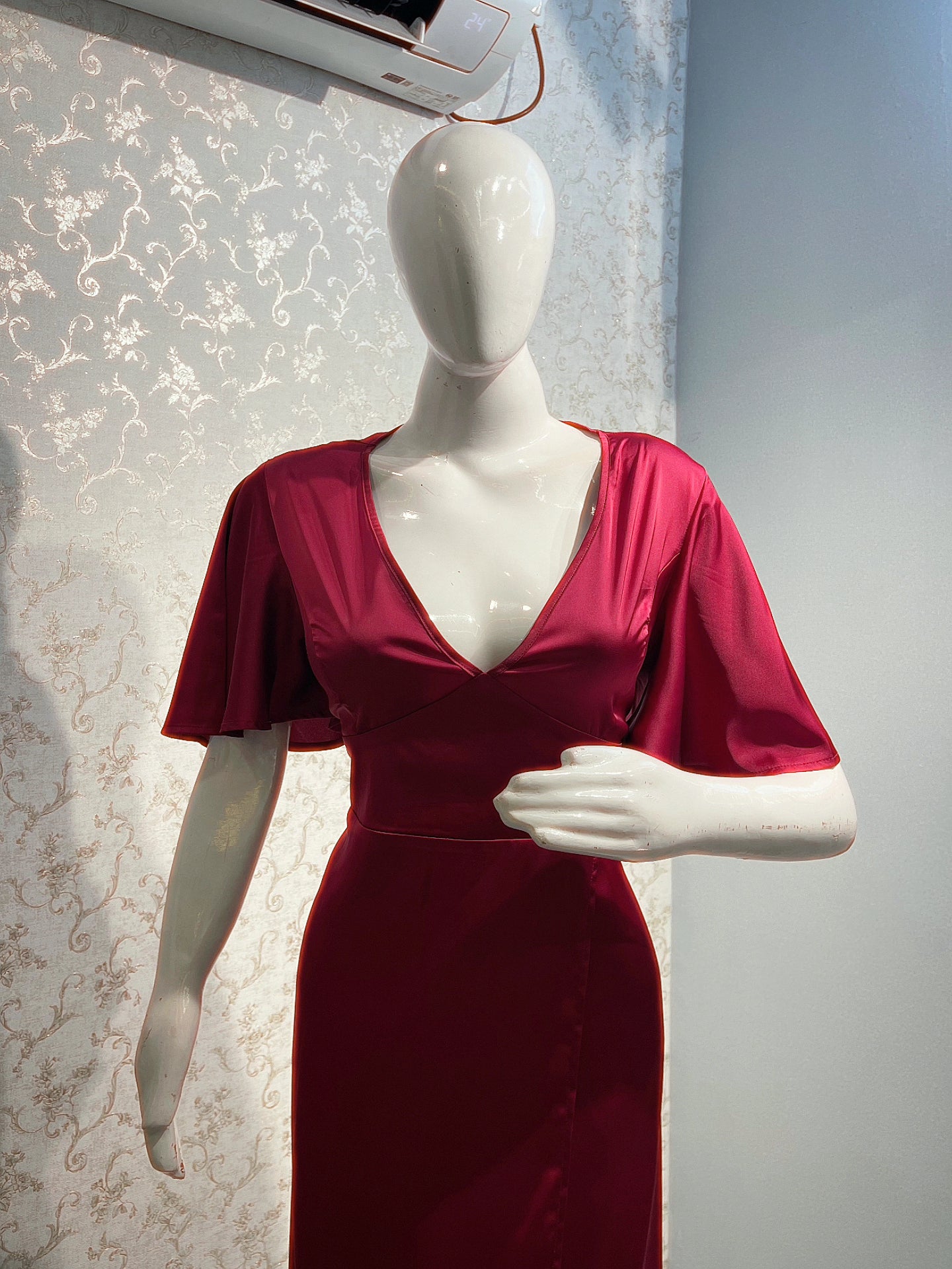 Red Satin Wrap-Style Midi Dress