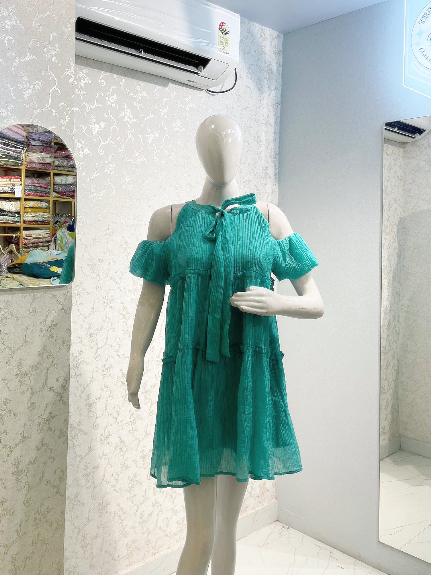 Emerald Tiered Cold-Shoulder Mini Dress