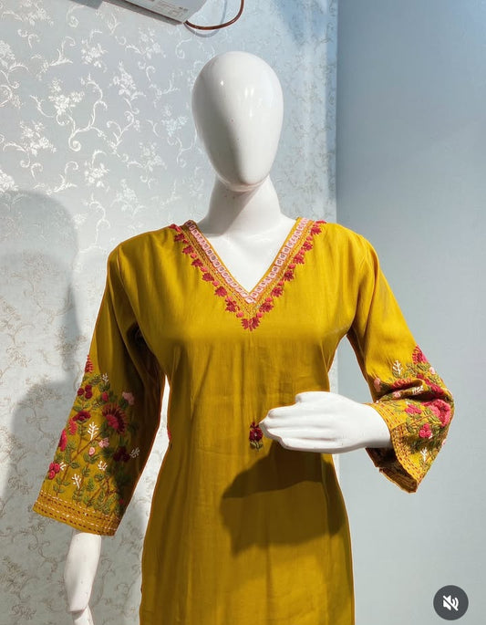 Mustard Yellow Embroidered 3-Piece Suit Set with Printed Dupatta
