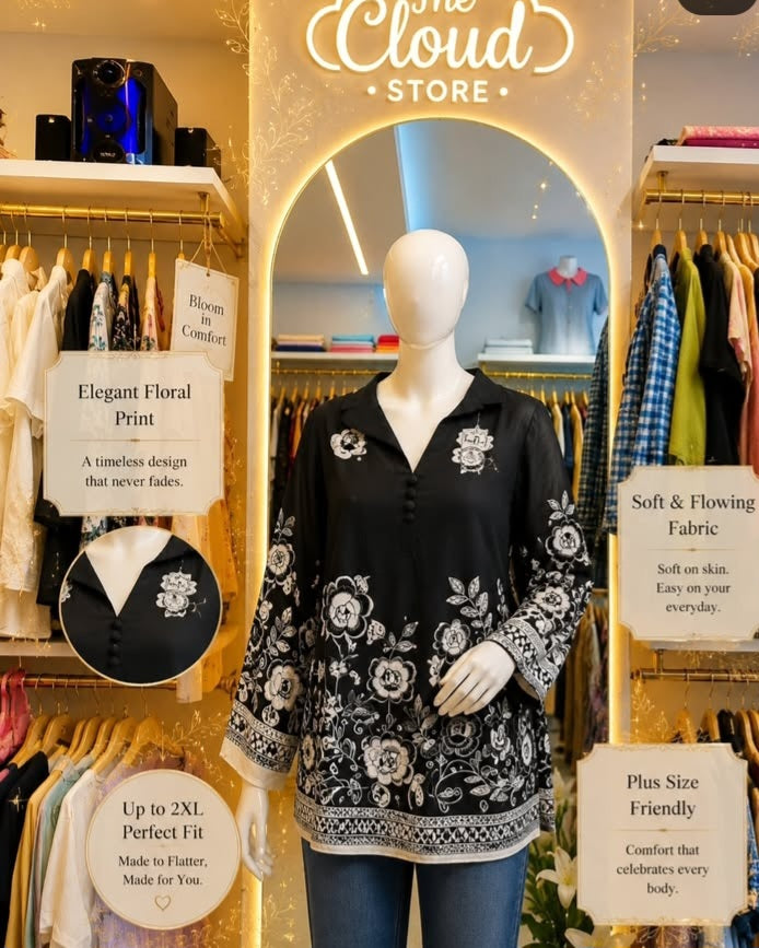 Women White & Black Floral Printed Shirt Collar Tunic Top with Covered Button Detail