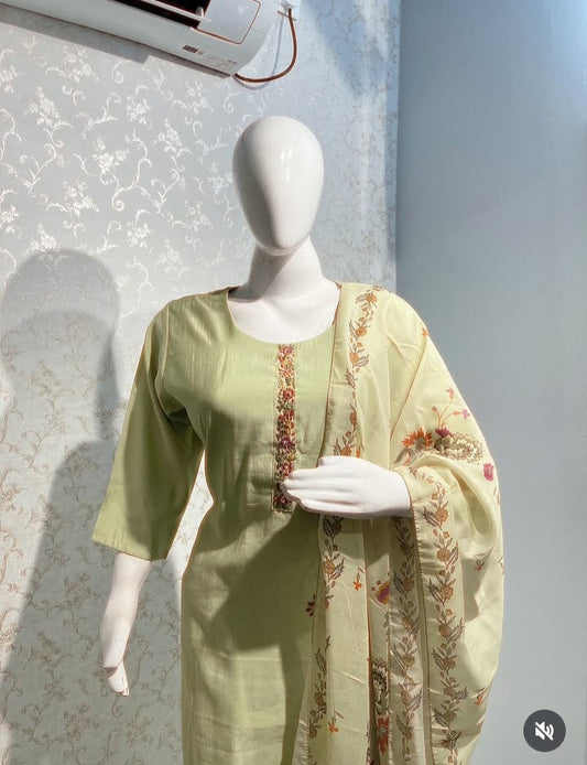 Light Green Embroidered 3-Piece Suit Set with Printed Dupatta