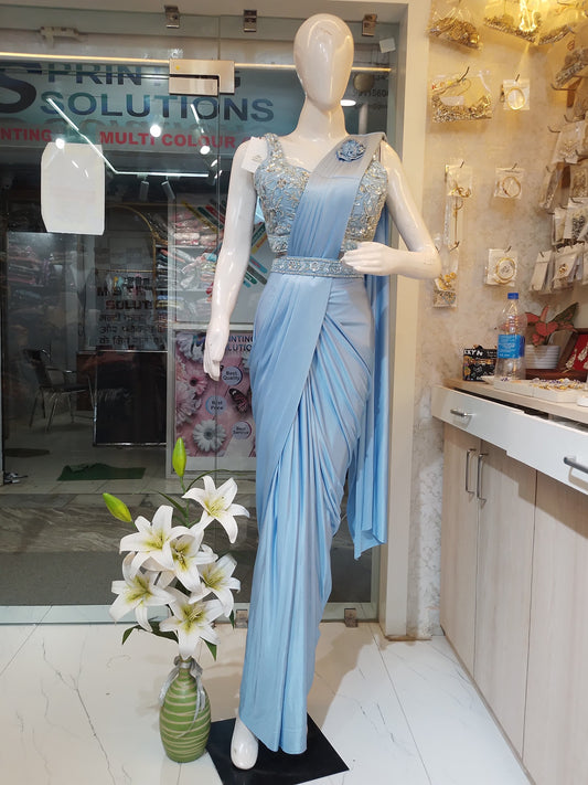 Icy Blue Pre-Stitched Satin Saree with Embellished Belt